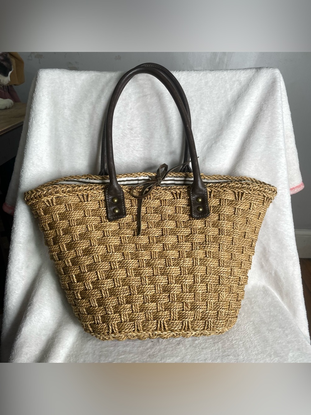 J.Crew Basket Weave Straw Market Basket Tote Beach Bag 82574 - Picture 3 of 10
